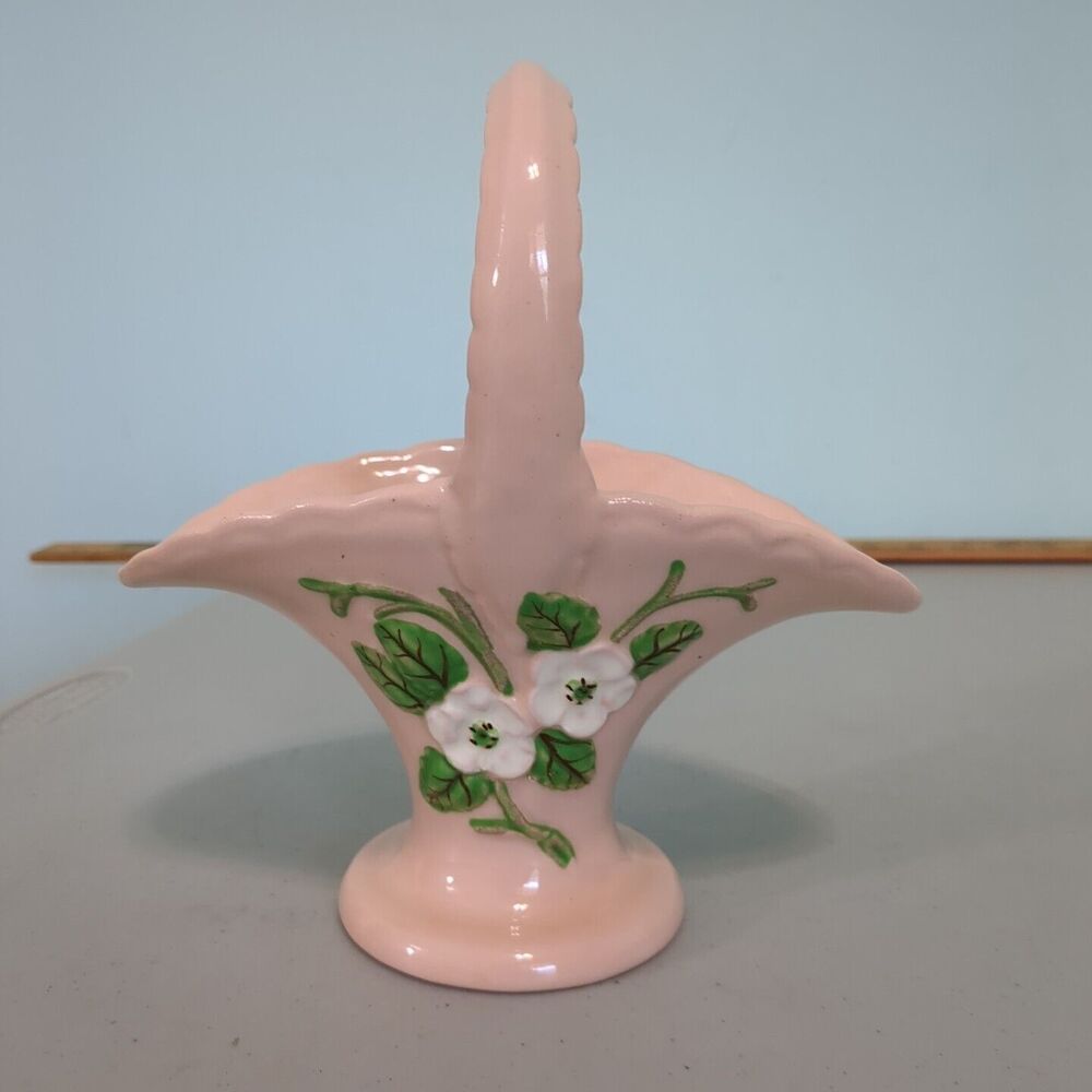 Hull ROSELLA Art Pottery Basket Vase Pink Flowers R-12-7 Vintage 1940s